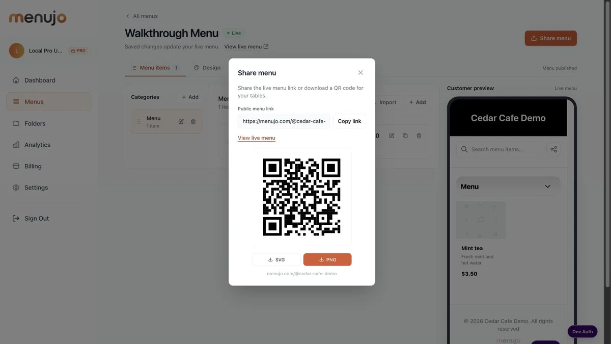 Share menu dialog with public link and PNG and SVG downloads